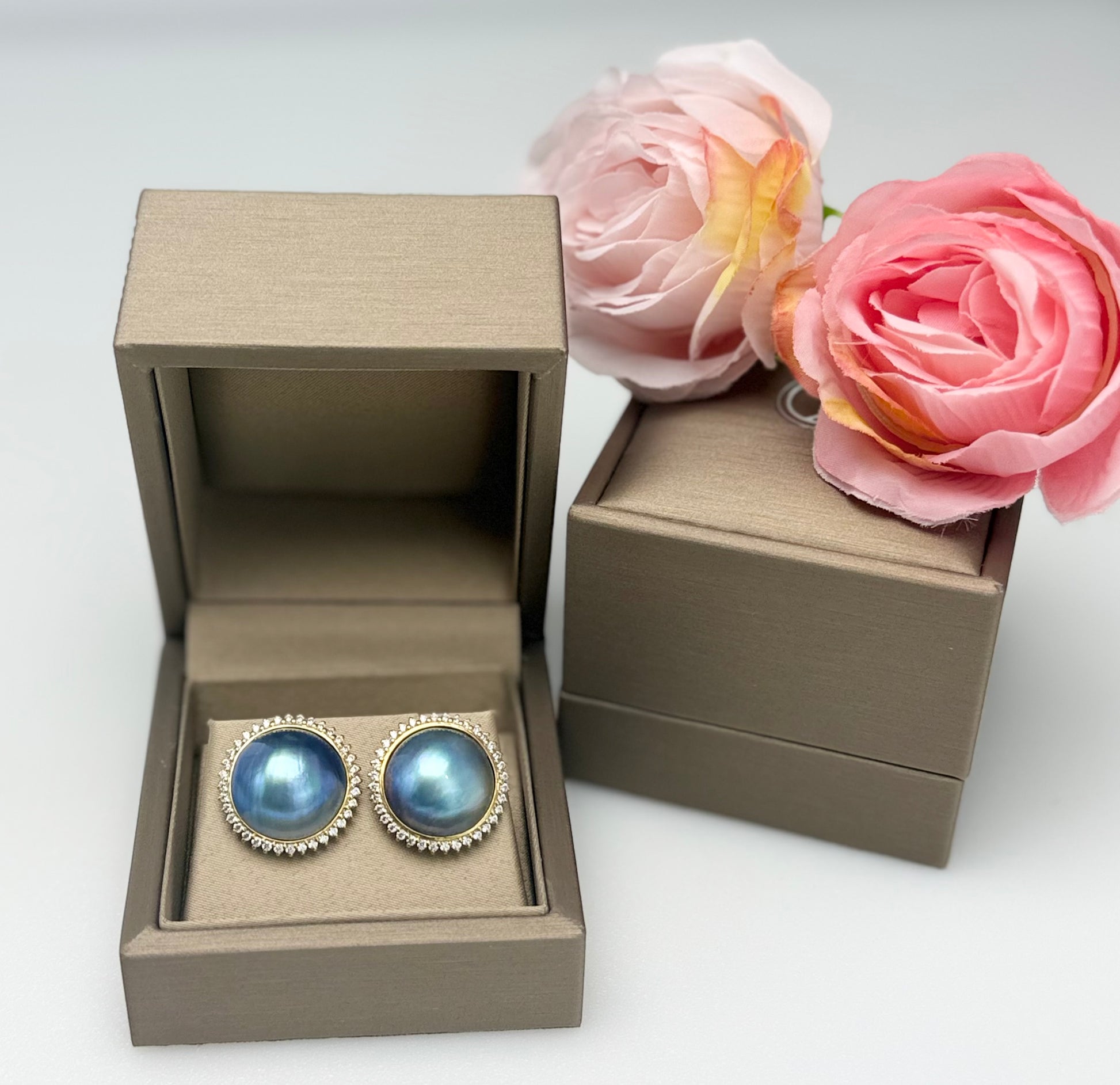 Elegant Saltwater Mabe Pearl (15mm) Earrings with CZ.