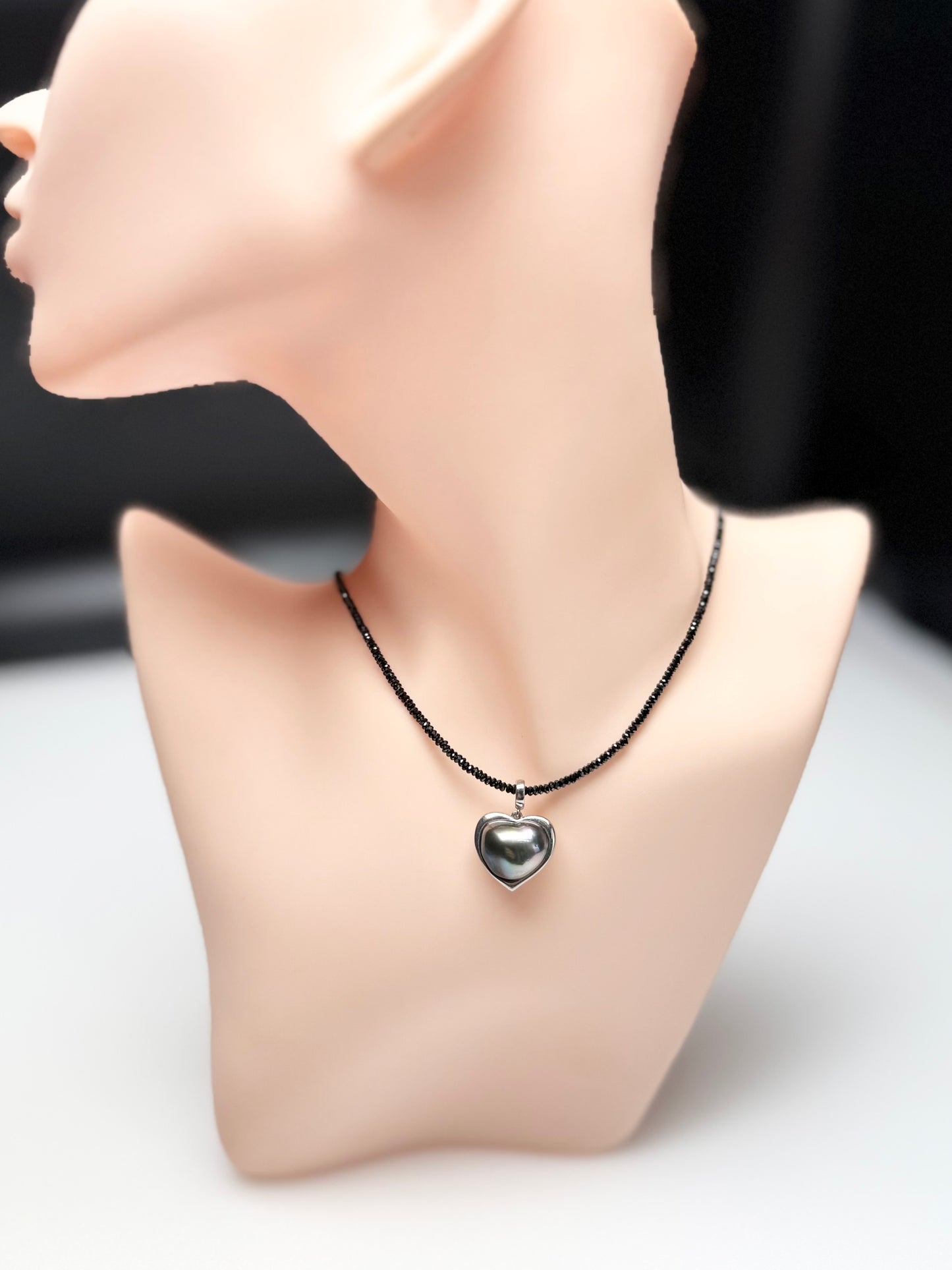 Heart-shaped Tahitian Pearl Pendant with Black Spinel Necklace | Elegant Blank Pearl Jewelry.