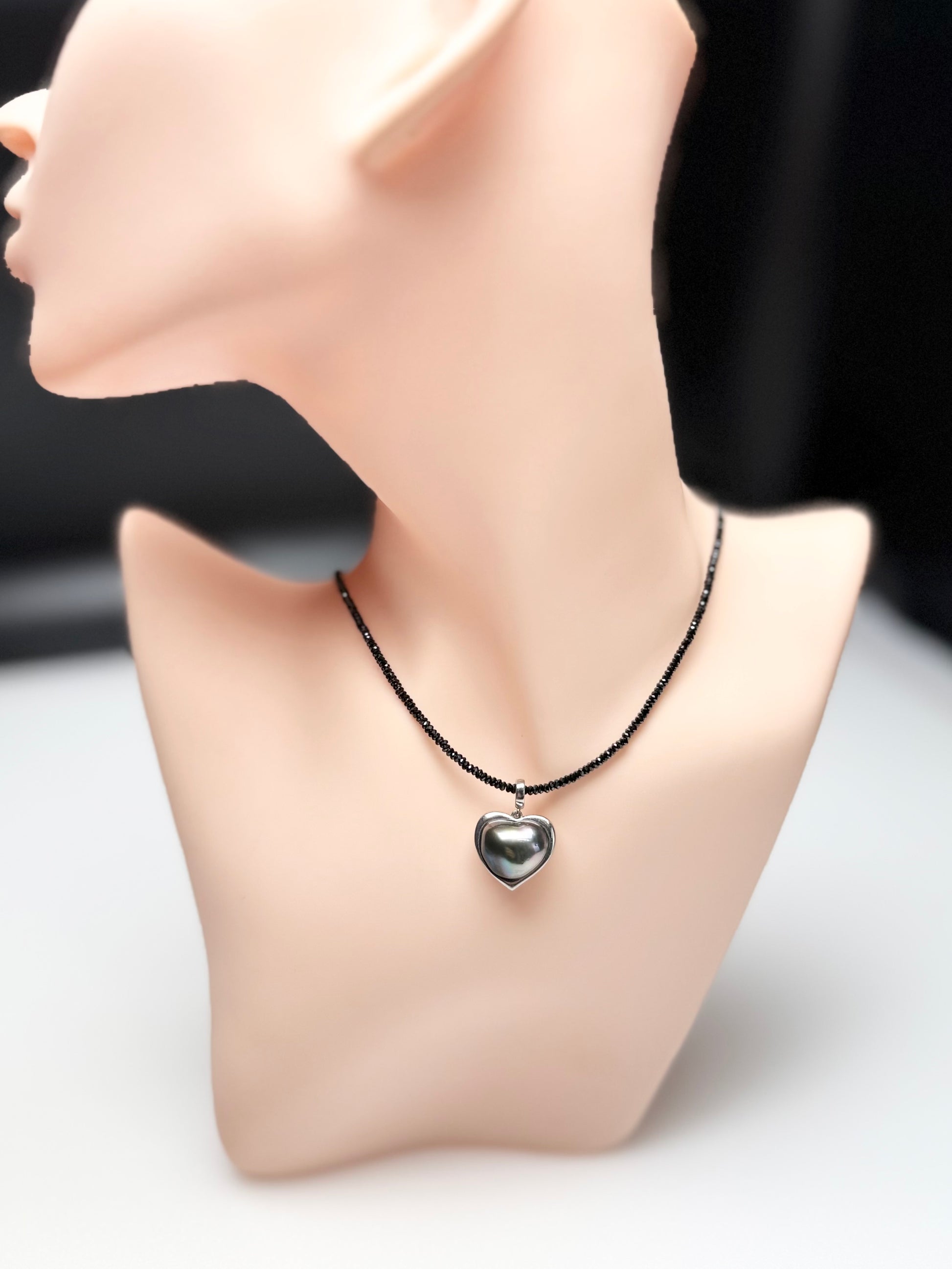Heart-shaped Tahitian Pearl Pendant with Black Spinel Necklace | Elegant Blank Pearl Jewelry.