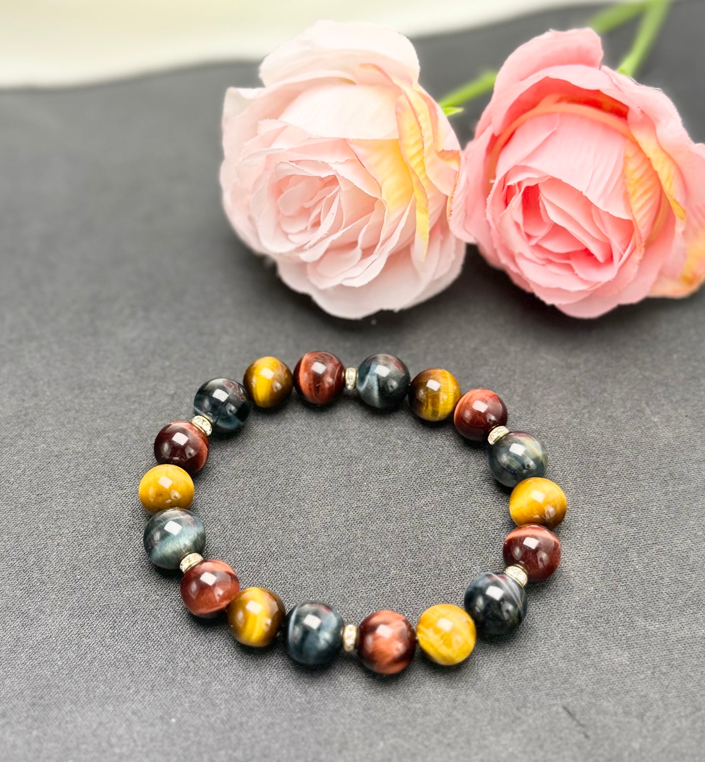 Top Grade Yellow, Red & Blue Tiger Eye (9.5-10.5mm) Triple-Power Crystal Bracelet