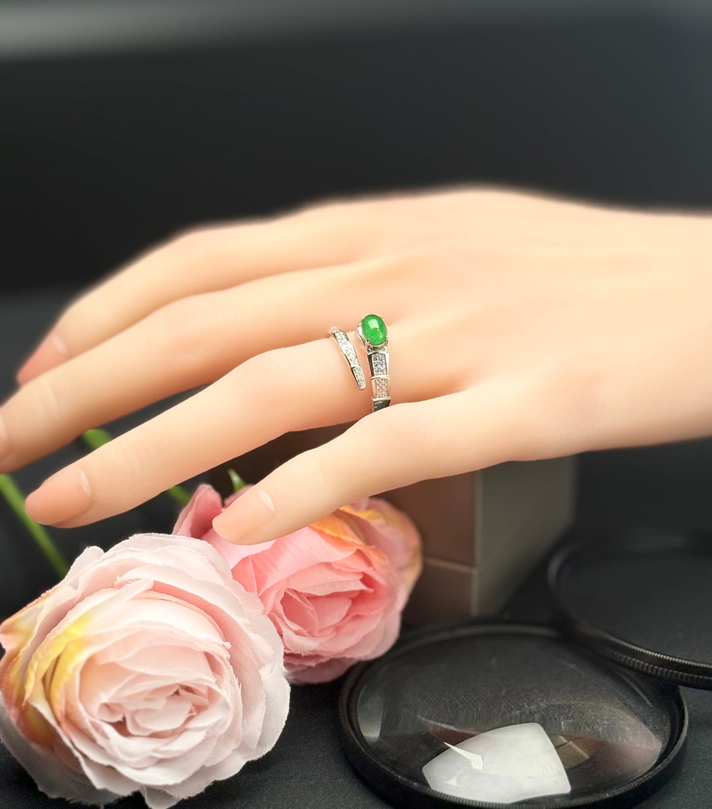 Natural Grade A Snake-Inspired Jadeite Ring | Symbol of Power, Grace & Protection.