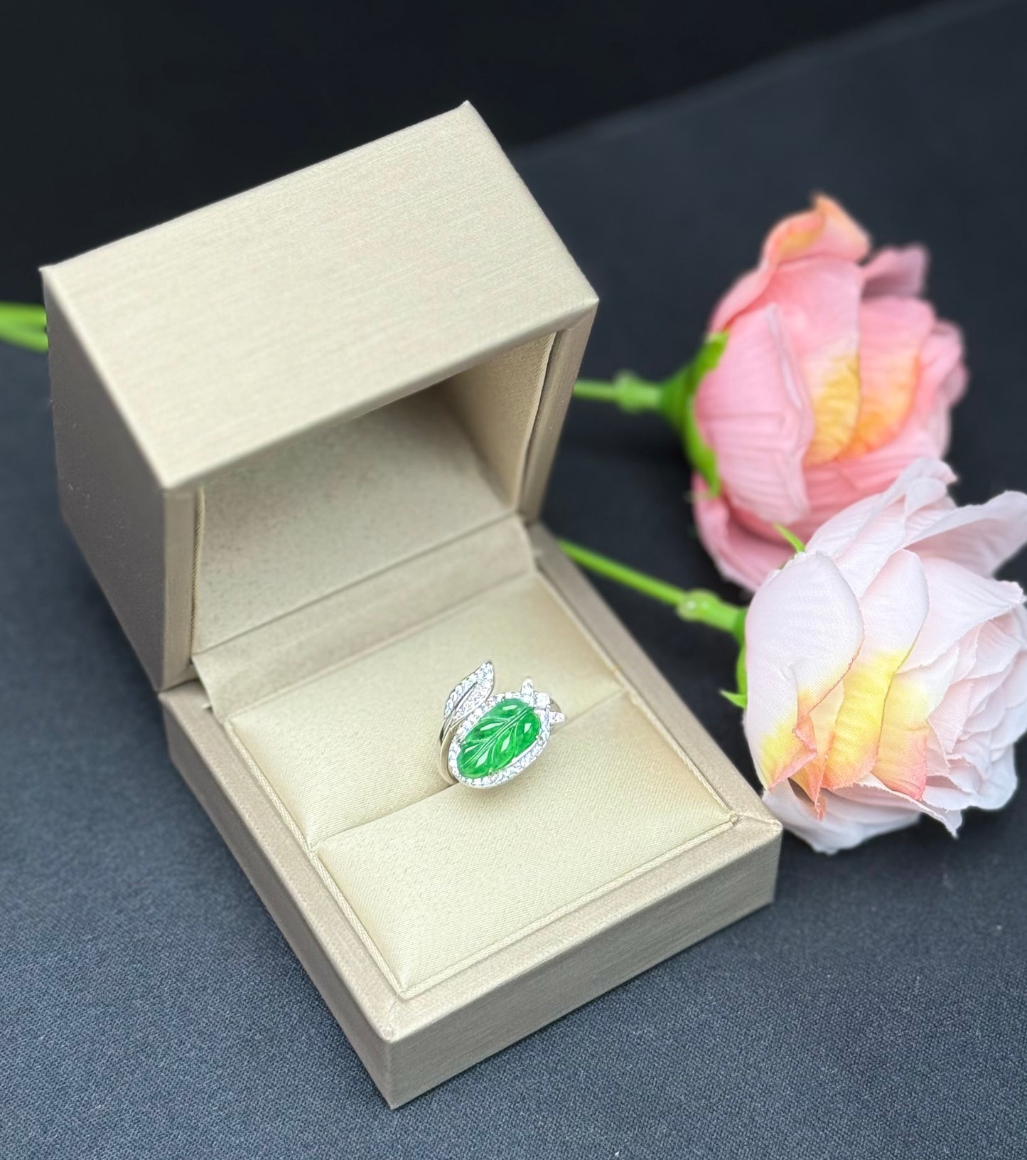 Natural Grade A Carved Leaf Green Jadeite Ring with Diamond-like Leaf Accent.