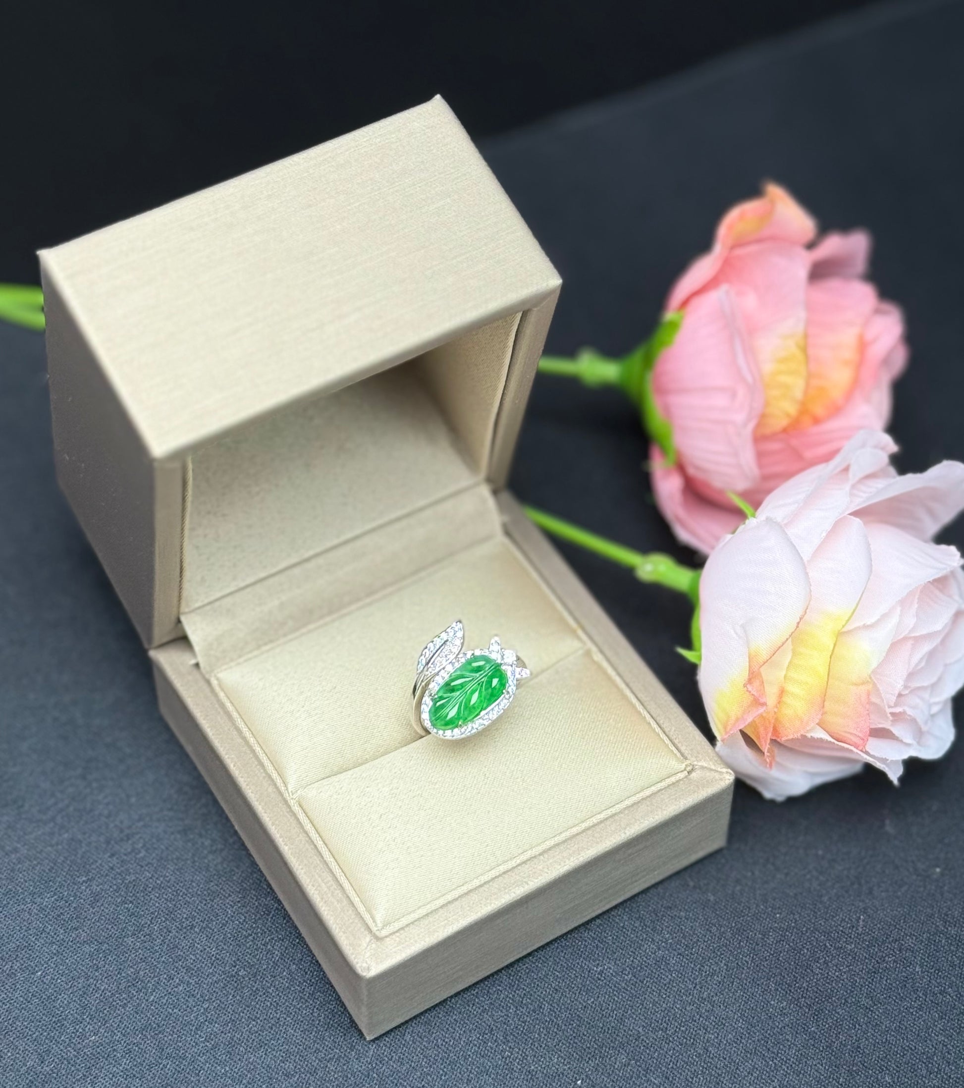 Natural Grade A Carved Leaf Green Jadeite Ring with Diamond-like Leaf Accent.