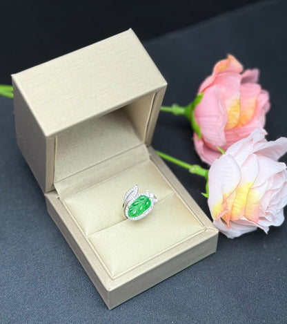 Natural Grade A Carved Leaf Green Jadeite Ring with Diamond-like Leaf Accent.