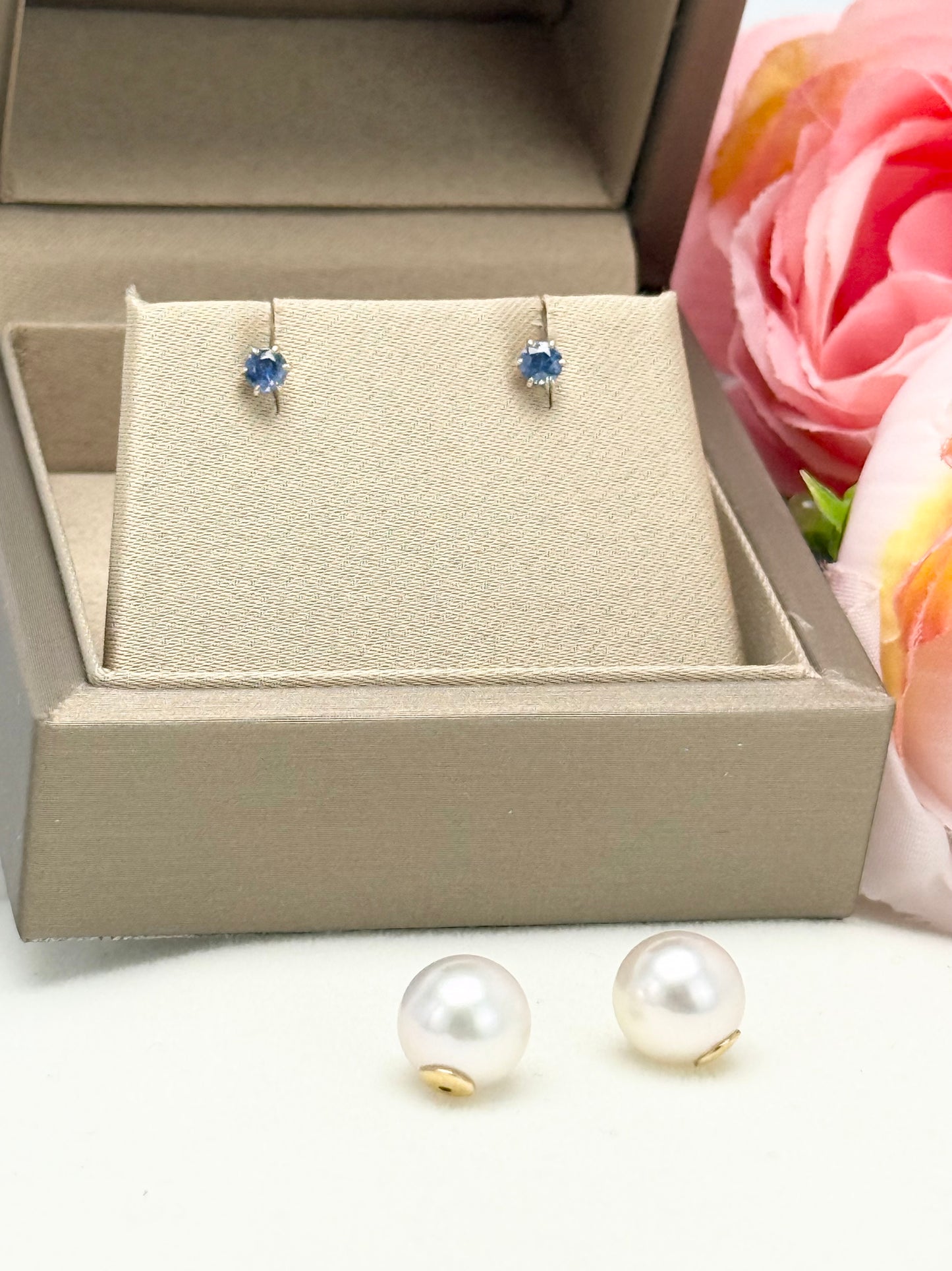 18K Solid Gold Convertible 2-way Design Akoya Pearl (8.5-9mm) & Blue Sapphire Earrings.