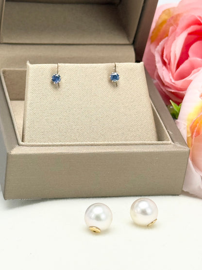 18K Solid Gold Convertible 2-way Design Akoya Pearl (8.5-9mm) & Blue Sapphire Earrings.