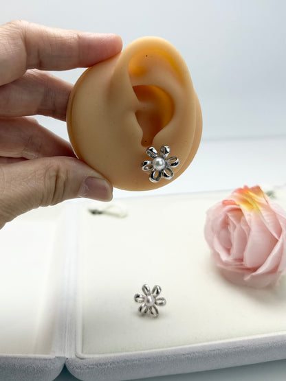 Floral Akoya Pearl (5-5.5mm) Earrings | Elegant Silver Petal Studs with Lustrous Akoya Pearl