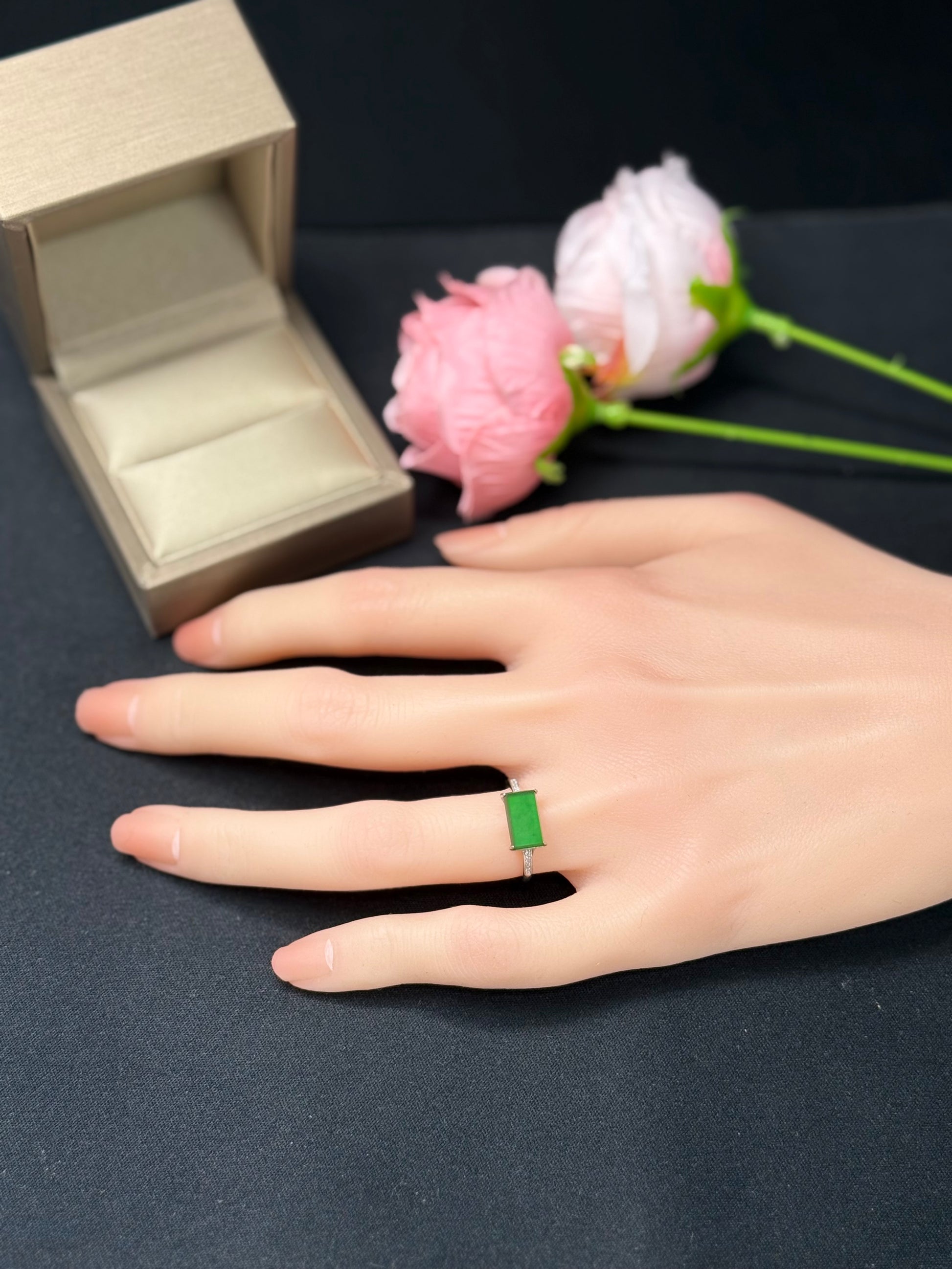 Natural Grade A Radiant Green Jadeite Ring with Diamond Accents.