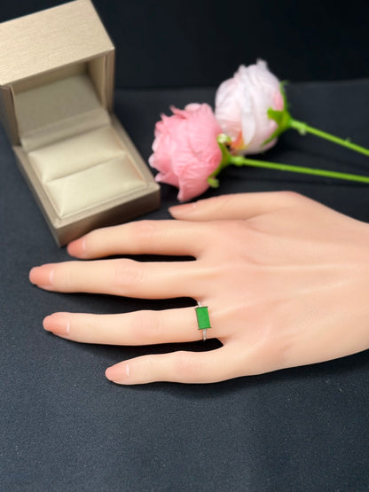 Natural Grade A Radiant Green Jadeite Ring with Diamond Accents.