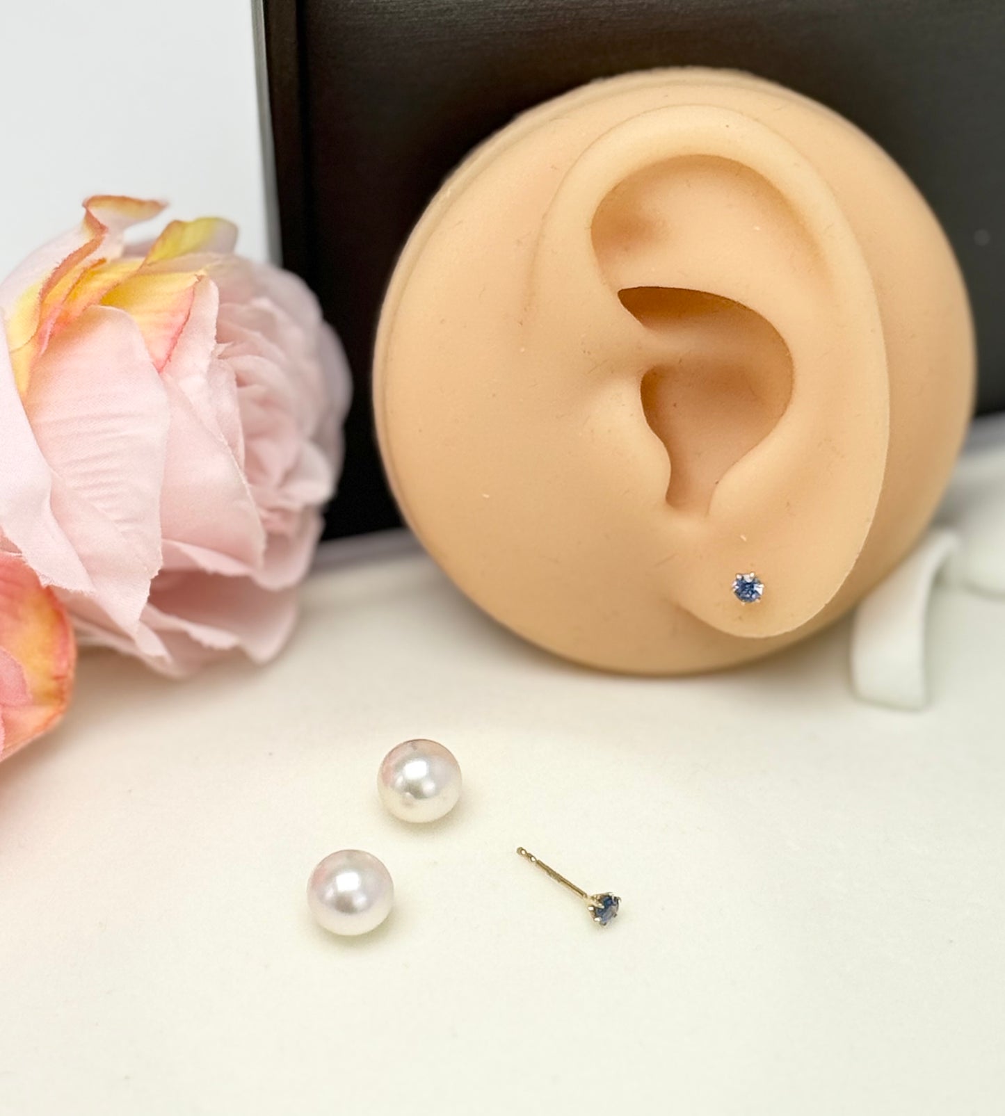 18K Solid Gold Convertible 2-way Design Akoya Pearl (8.5-9mm) & Blue Sapphire Earrings.