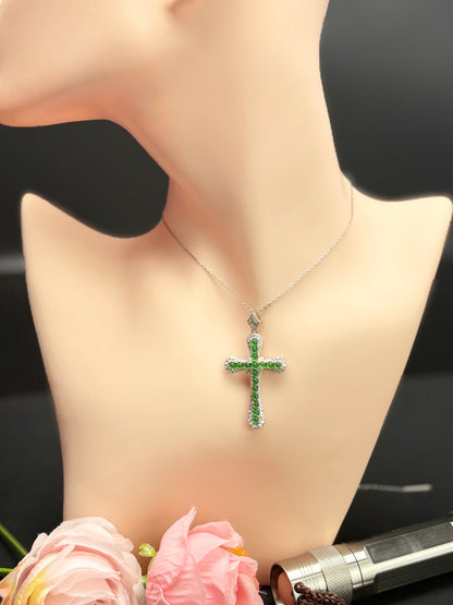 Natural Grade A Elegant Green Jadeite Cross Pendant with Diamond-like Accents.