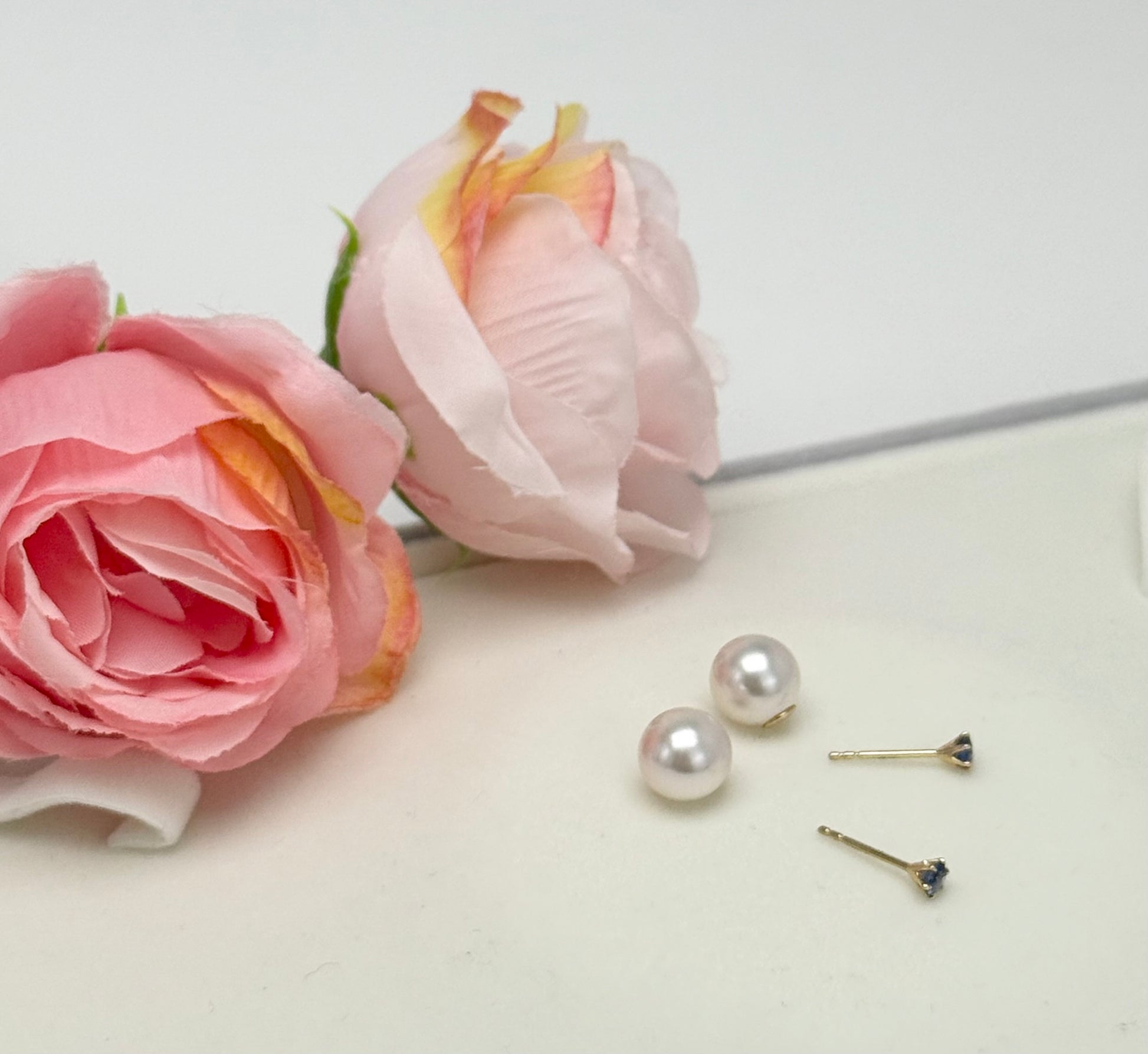 18K Solid Gold Convertible 2-way Design Akoya Pearl (8.5-9mm) & Blue Sapphire Earrings.