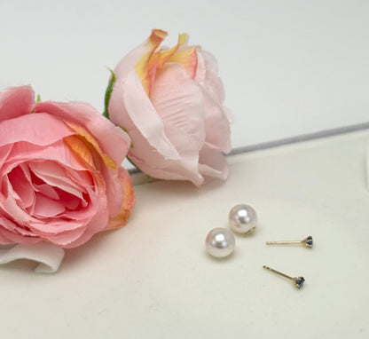 18K Solid Gold Convertible 2-way Design Akoya Pearl (8.5-9mm) & Blue Sapphire Earrings.