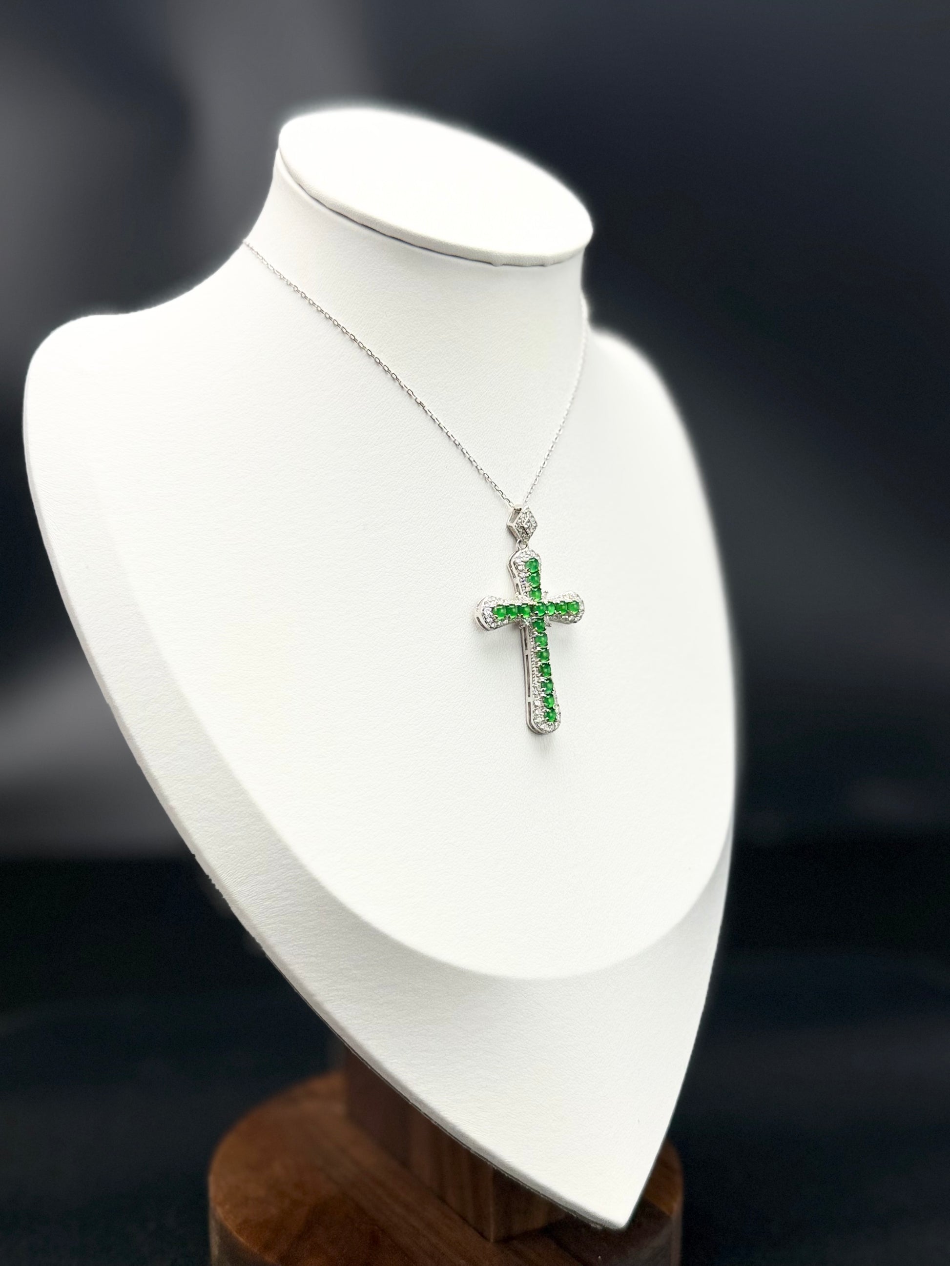 Natural Grade A Elegant Green Jadeite Cross Pendant with Diamond-like Accents.