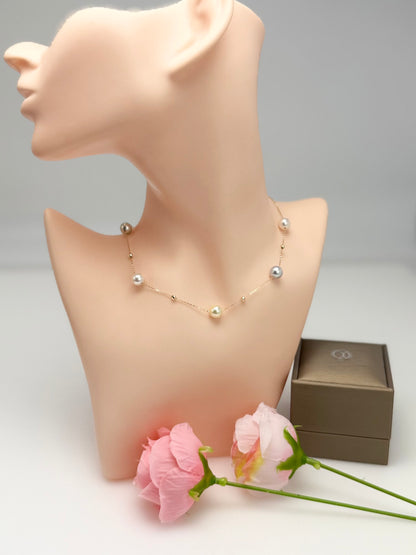 18K Solid Gold Candy-Colored Akoya Pearls (7.5-8mm) Starry Station Necklace