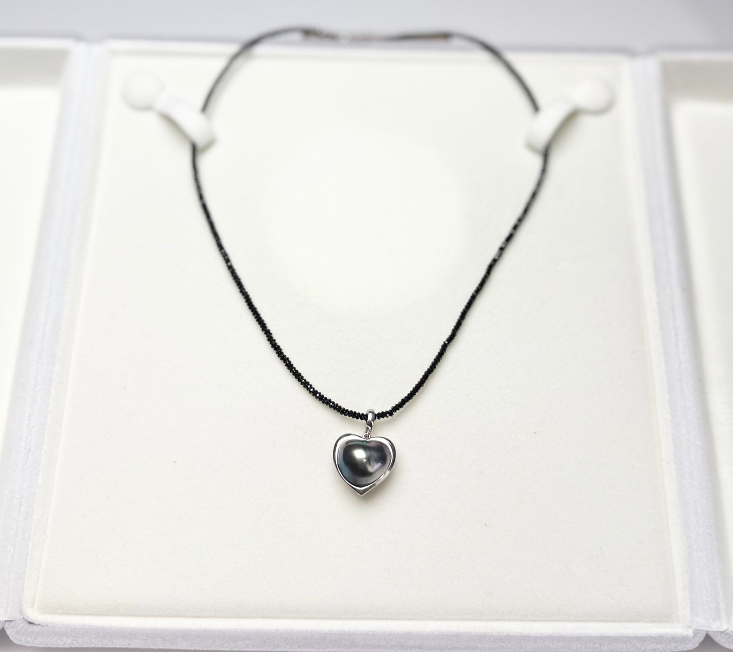 Heart-shaped Tahitian Pearl Pendant with Black Spinel Necklace | Elegant Blank Pearl Jewelry.