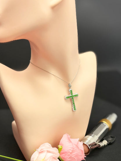 Natural Grade A Elegant Green Jadeite Cross Pendant with Diamond-like Accents.