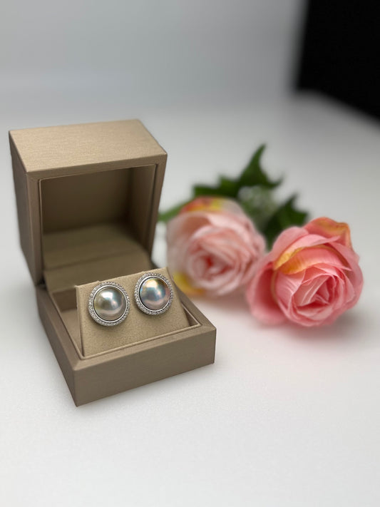 Silvery-Golden Mabe Pearl Stud Earrings with Iridescent Overtones