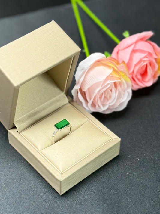 Natural Grade A Radiant Green Jadeite Ring with Diamond Accents