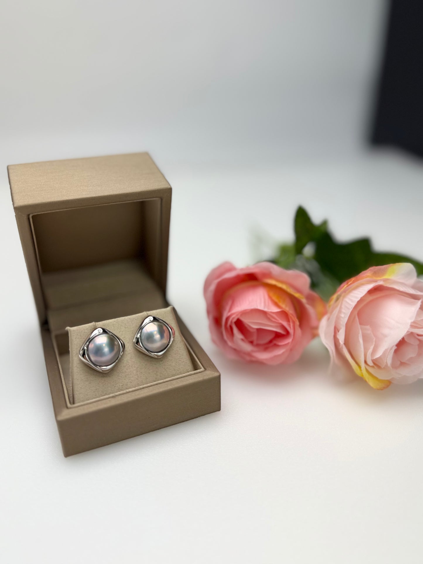 Modern Square Mabe Pearl Stud Earrings in Silvery-Blue with Iridescent Overtones