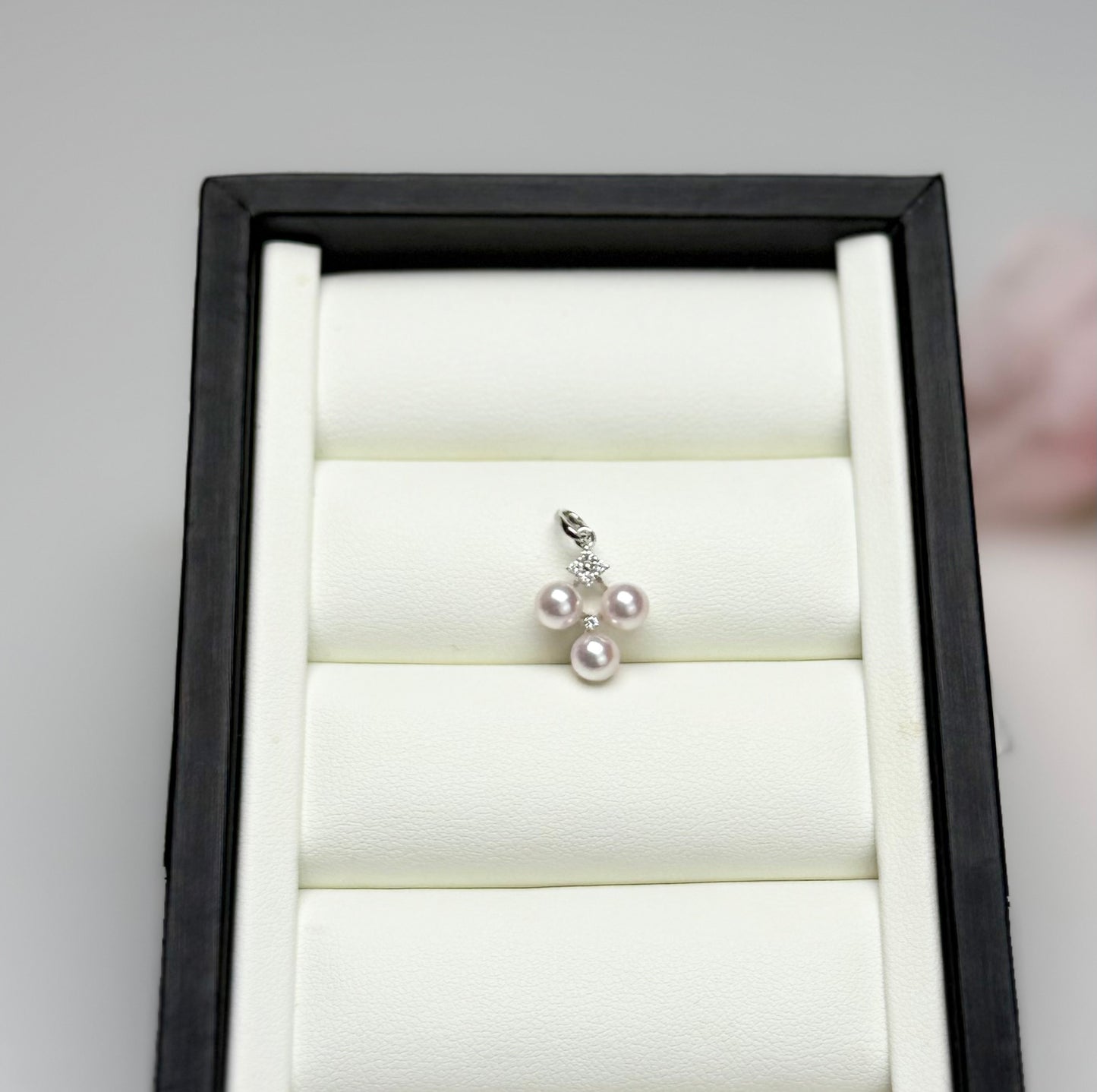 18K Solid Gold Elegant Trio Japan Akoya Pearls (5-5.5mm) with Natural Diamond Accent.