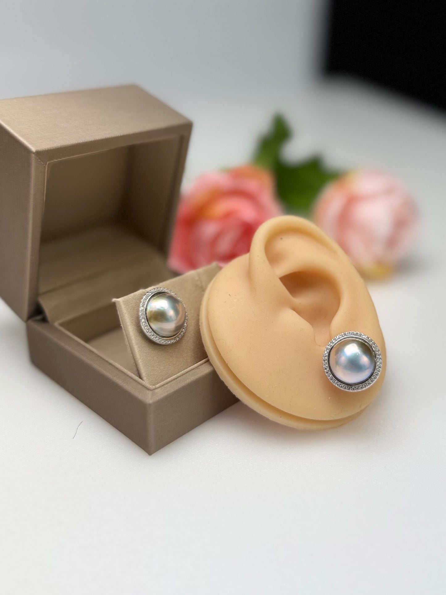Silvery-Golden Mabe Pearl Stud Earrings with Iridescent Overtones