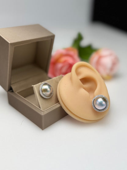 Silvery-Golden Mabe Pearl Stud Earrings with Iridescent Overtones