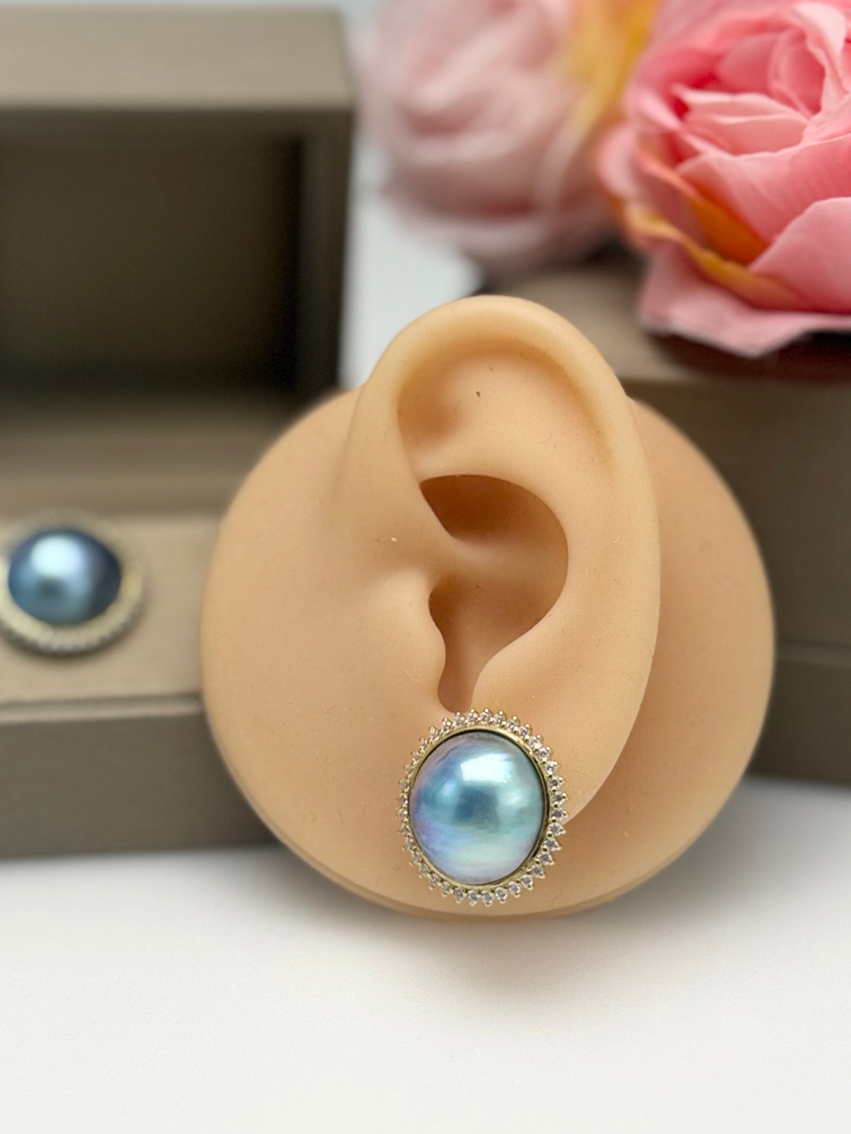 Elegant Saltwater Mabe Pearl (15mm) Earrings with CZ.