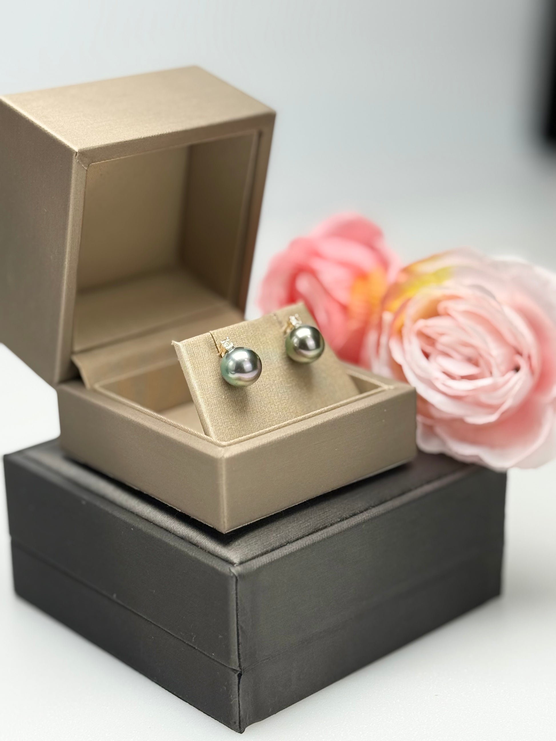 18K Solid Gold Tahitian Peacock Green Pearl Earrings | Princess Diana Design.