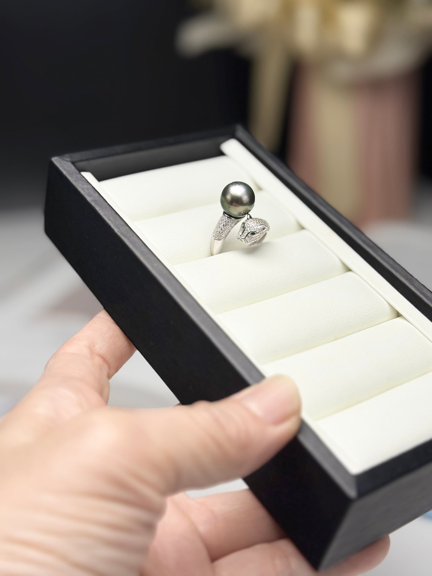 Jaguar-Inspired Ring with Tahitian Pearl (11-12mm) | Unique Luxury Jewelry