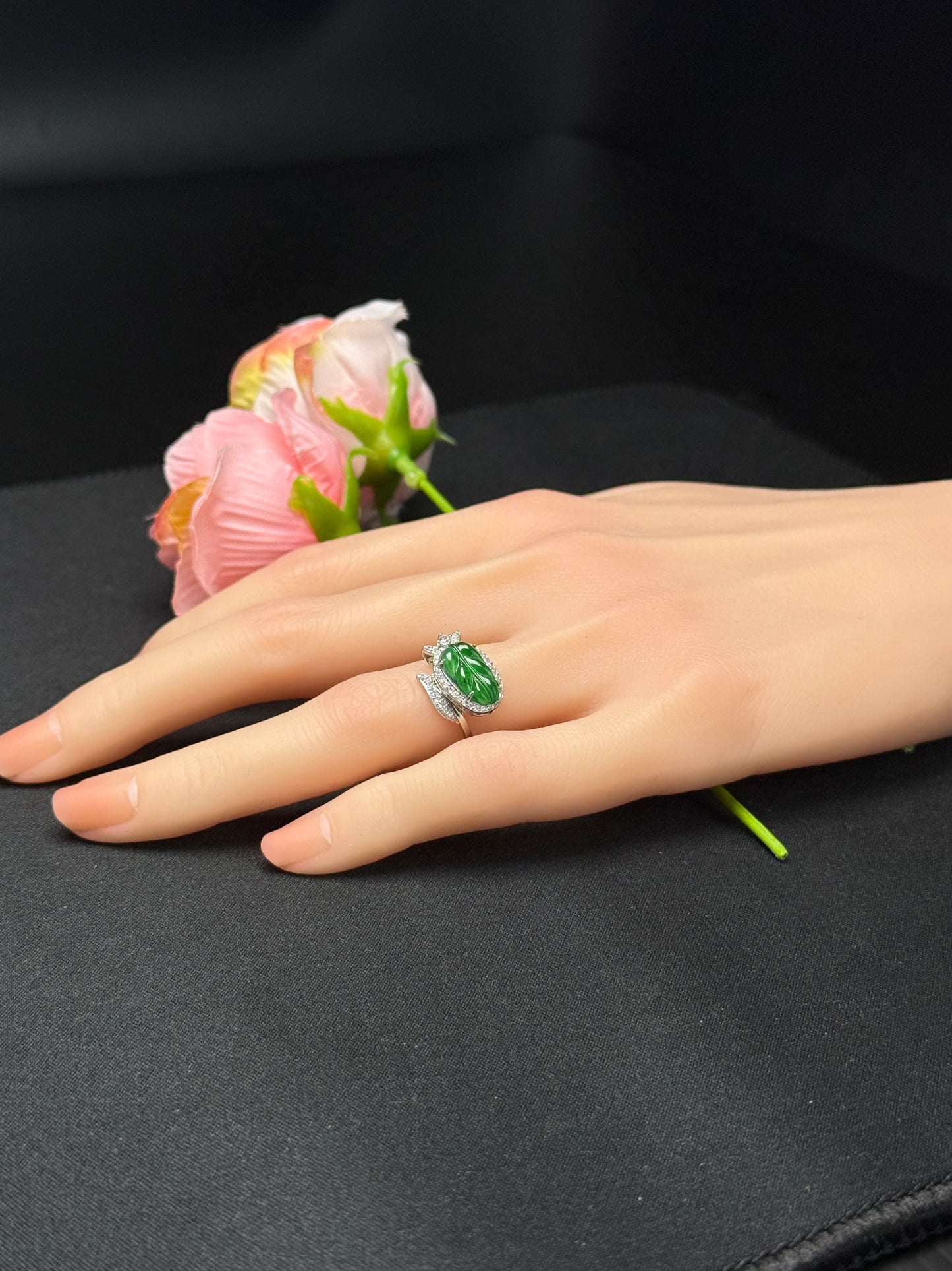 Natural Grade A Carved Leaf Green Jadeite Ring with Diamond-like Leaf Accent.