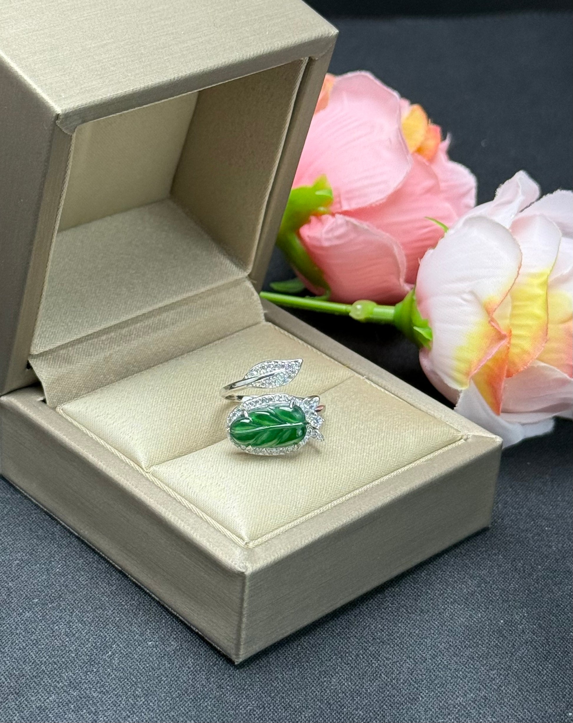 Natural Grade A Carved Leaf Green Jadeite Ring with Diamond-like Leaf Accent.