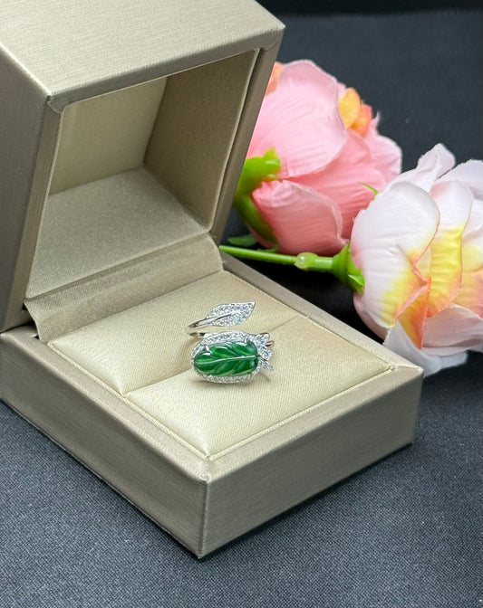 Natural Grade A Carved Leaf Green Jadeite Ring with Diamond-like Leaf Accent
