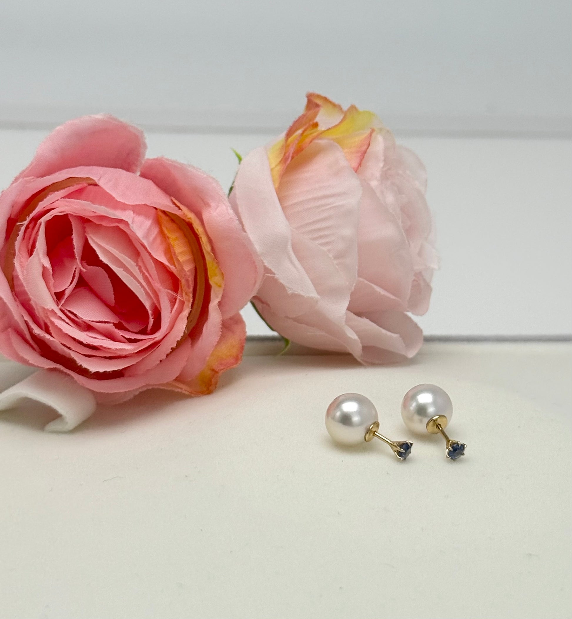 18K Solid Gold Convertible 2-way Design Akoya Pearl (8.5-9mm) & Blue Sapphire Earrings.