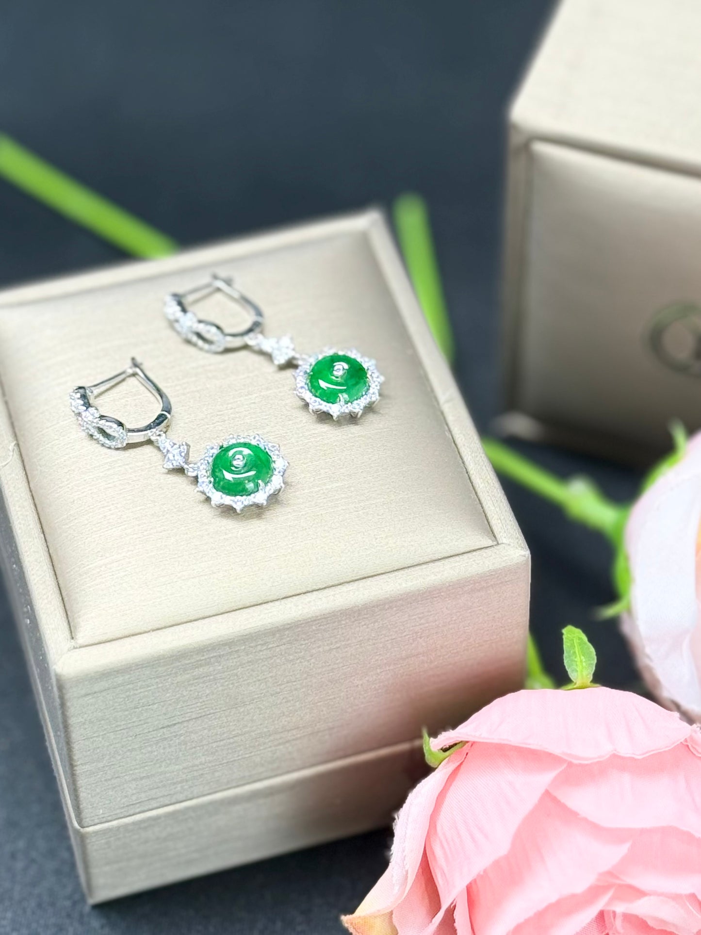 Natural Grade A Elegant Round Jadeite Drop Earrings with Sparkling Diamond-like Accents.