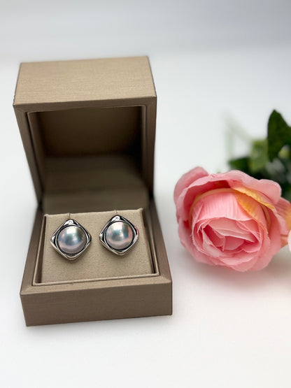 Modern Square Mabe Pearl Stud Earrings in Silvery-Blue with Iridescent Overtones