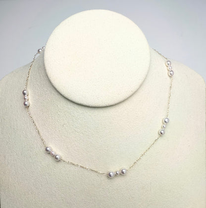 18K Solid Gold Designer Akoya Baby Pearls (3-4mm) Stary Station Necklace
