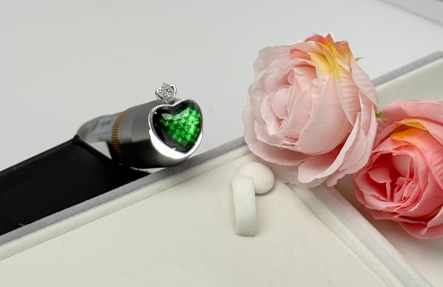 Natural Grade A Heart-Shaped (Mo Cui) Jadeite Pendant with Crown Accent.
