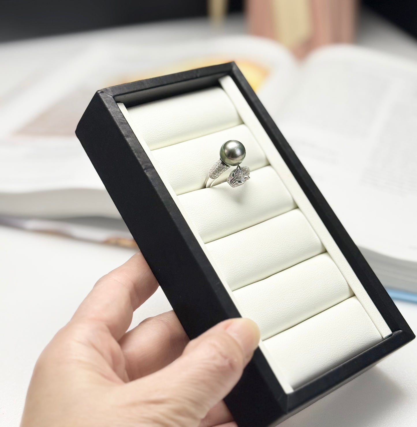 Jaguar-Inspired Ring with Tahitian Pearl (11-12mm) | Unique Luxury Jewelry
