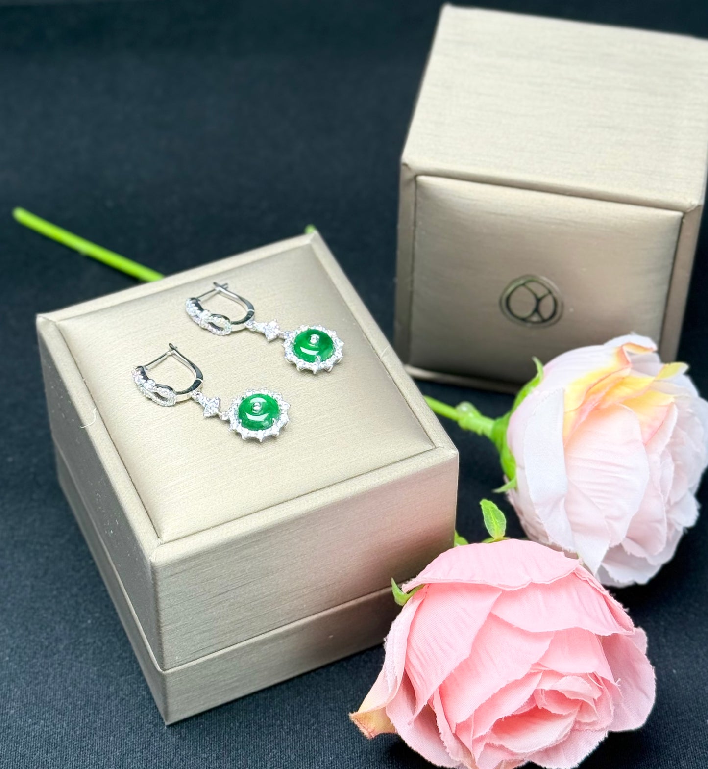 Natural Grade A Elegant Round Jadeite Drop Earrings with Sparkling Diamond-like Accents.