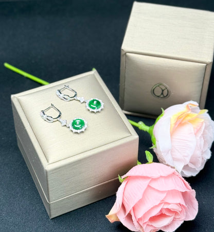 Natural Grade A Elegant Round Jadeite Drop Earrings with Sparkling Diamond-like Accents.