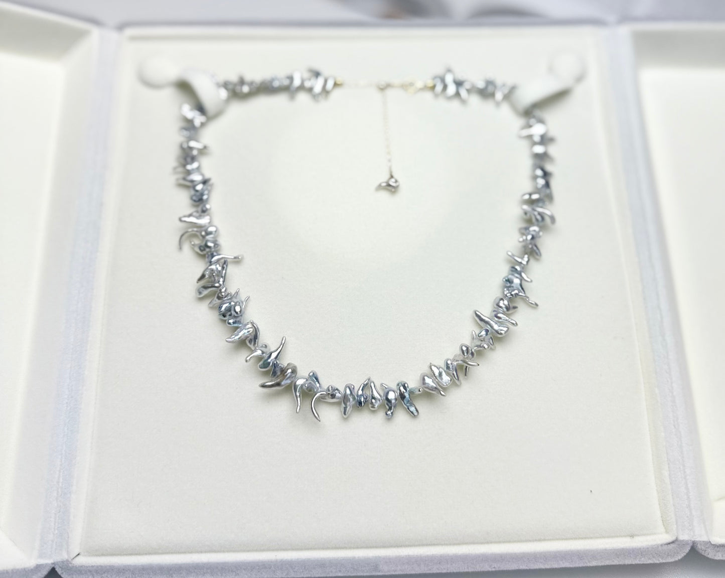 18K Solid Gold Akoya Silver Blue Keshi Necklace with cert