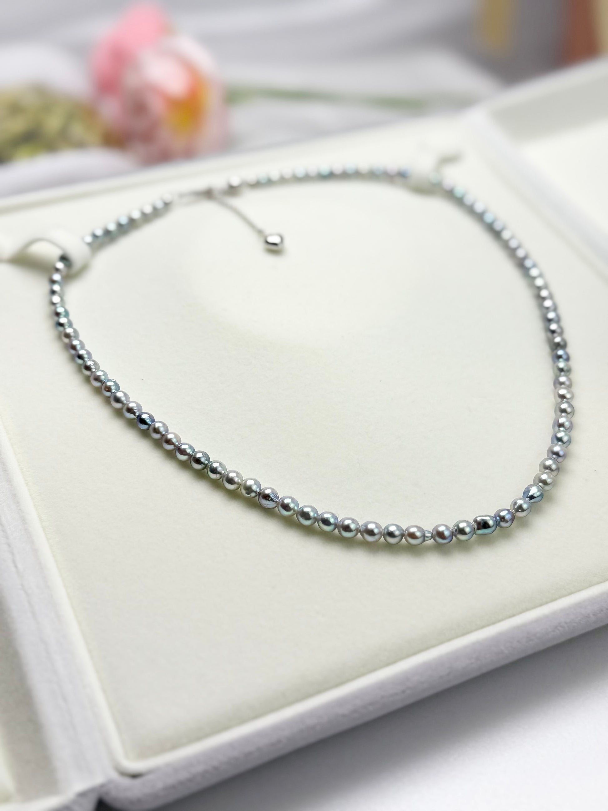 Natural Silver-Blue Akoya Pearl (4-5mm) Necklace with Vibrant Overtones | Authentic Colours.