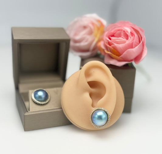 Elegant Saltwater Mabe Pearl (15mm) Earrings with CZ