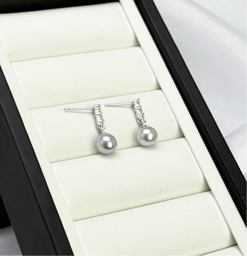 Elegant Saltwater Japan Akoya Silver Blue Pearl Earring (7.5 - 8mm) with CZ | Timeless Pearl Earrings