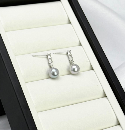 Elegant Saltwater Japan Akoya Silver Blue Pearl Earring (7.5 - 8mm) with CZ | Timeless Pearl Earrings