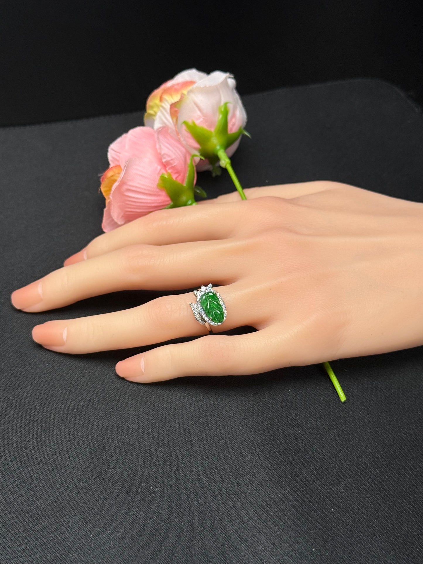 Natural Grade A Carved Leaf Green Jadeite Ring with Diamond-like Leaf Accent.
