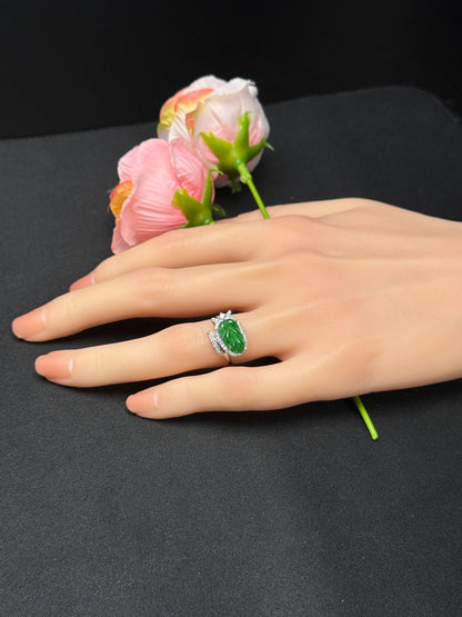 Natural Grade A Carved Leaf Green Jadeite Ring with Diamond-like Leaf Accent.