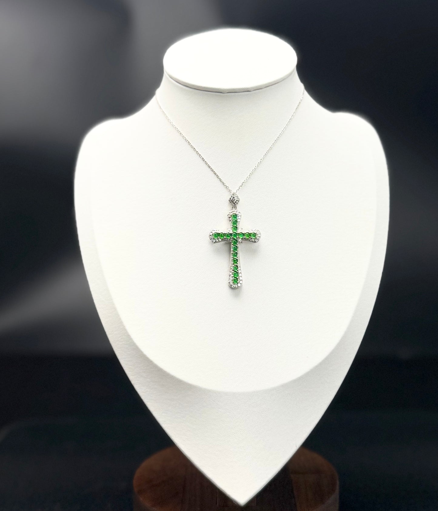Natural Grade A Elegant Green Jadeite Cross Pendant with Diamond-like Accents.