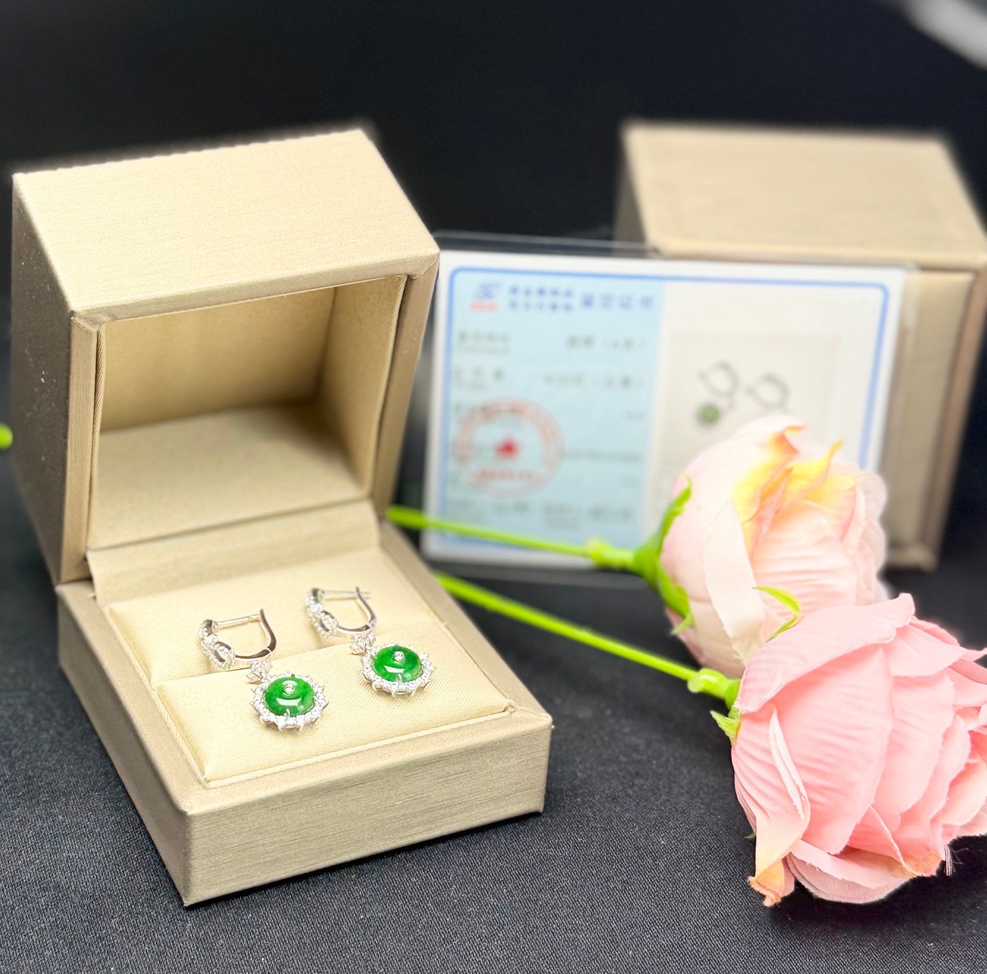 Natural Grade A Elegant Round Jadeite Drop Earrings with Sparkling Diamond-like Accents.